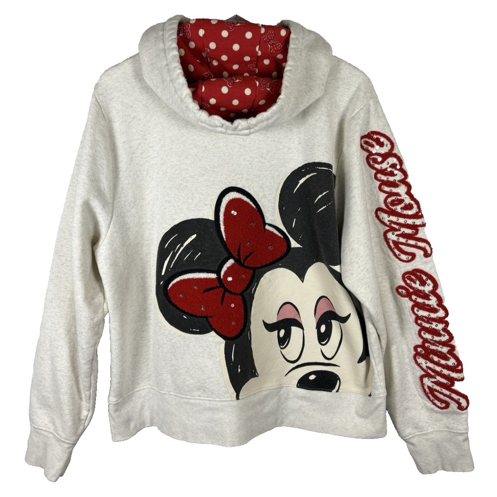 Disney Adult Zip Hoodie Minnie Mouse Chenille Bow XL Sequined Accents Sweater